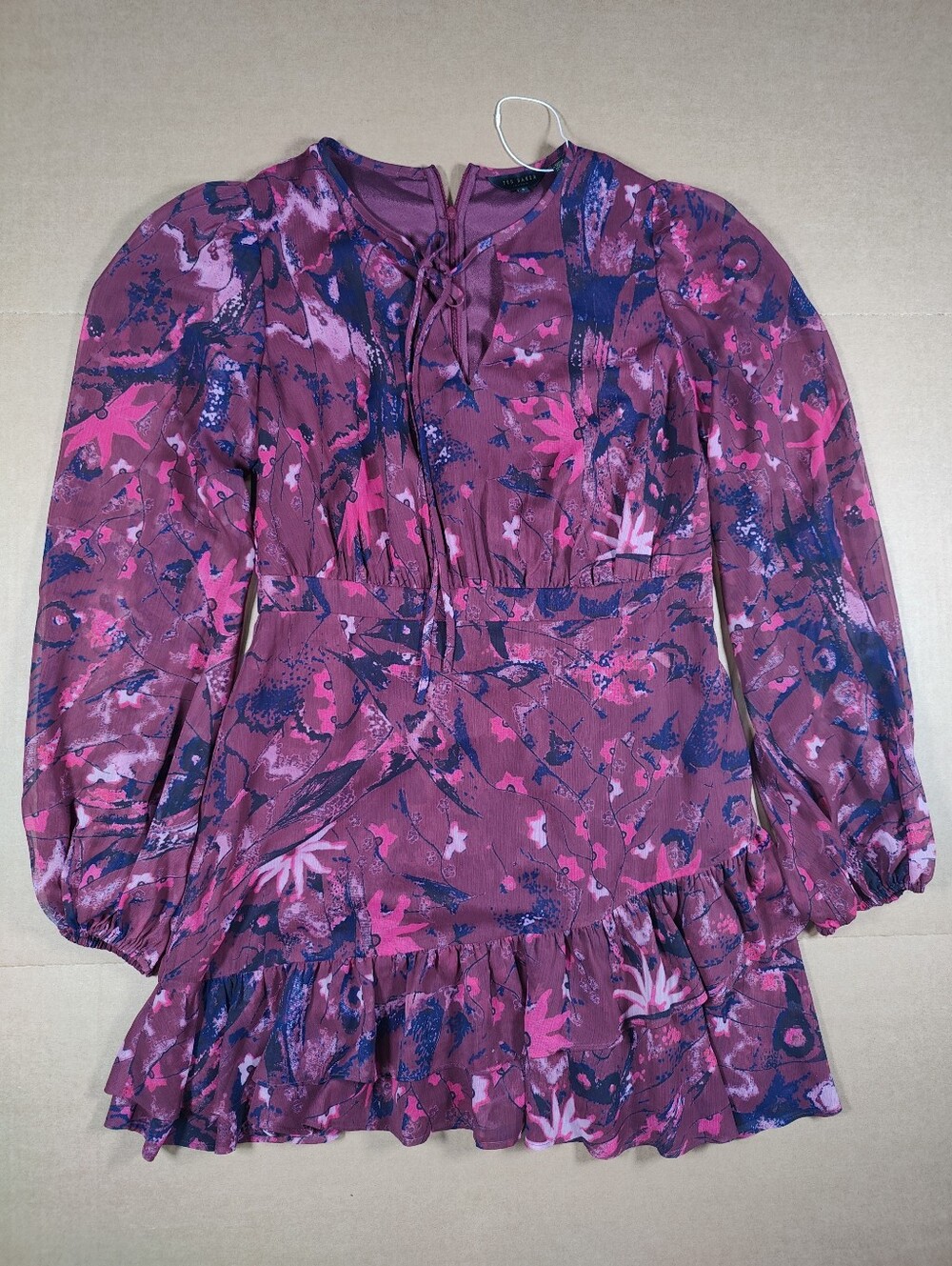 NWOT Ted Baker London Verino Burgundy Floral Tiered Ruffled Long Sleeve Dress 4